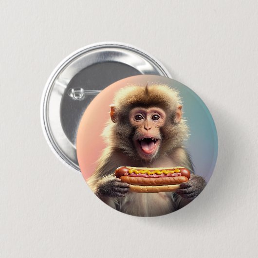 Schattigee aap met hotdog ronde button 5,7 cm (Voorkant /achterkant)