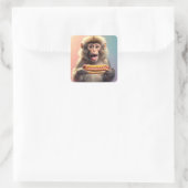Schattigee aap met hotdog vierkante sticker (Tas)