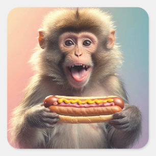 Schattigee aap met hotdog vierkante sticker