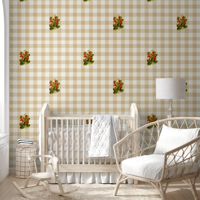 Schattigee  Aardbei Beige Plaid Behang (Kinderen)
