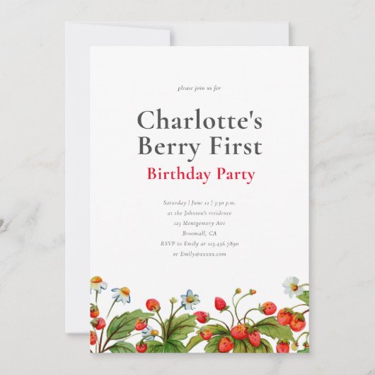 Schattigee aardbei eerste verjaardagsfeestuitnodig kaart (Voorkant)