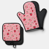 Schattigee aardbei Gingham Patterned Ovenwant & Pannenlap Set (Voorkant / Achterkant)