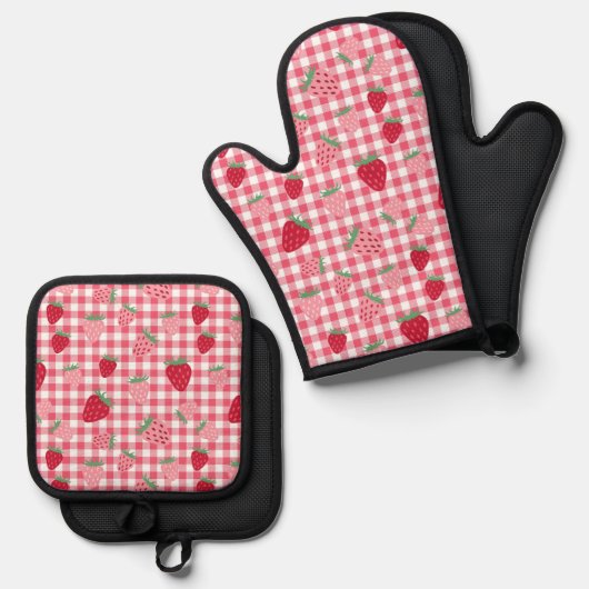 Schattigee aardbei Gingham Patterned Ovenwant & Pannenlap Set (Voorkant / Achterkant)
