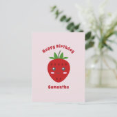 Schattigee Aardbei Happy Birthday Roze Briefkaart (Staand voorkant)