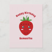 Schattigee Aardbei Happy Birthday Roze Briefkaart (Voorkant)