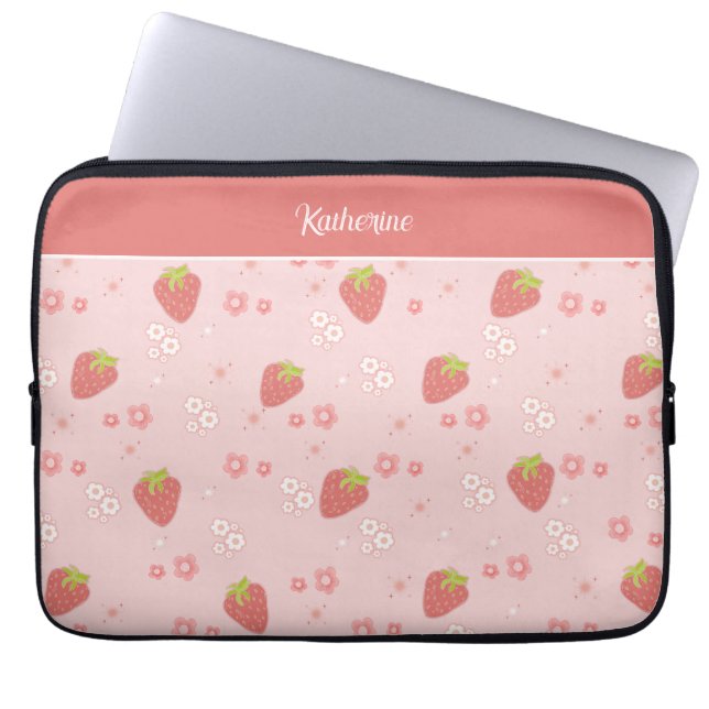 Schattigee aardbei met bloemen. laptop sleeve (Voorkant)