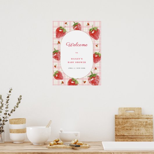 Schattigee aardbei Sweet Gingham Welkom Baby showe Poster (Keuken)
