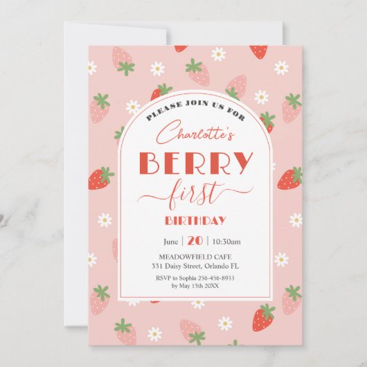 Schattigee Aardbeien Berry Eerste 1e Verjaardag Kaart (Voorkant)