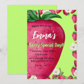 Schattigee aardbeien eerste verjaardagsuitnodiging kaart (Voorkant / Achterkant)