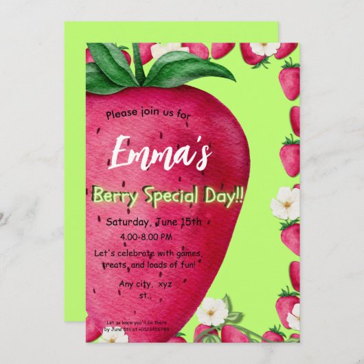 Schattigee aardbeien eerste verjaardagsuitnodiging kaart (Voorkant / Achterkant)
