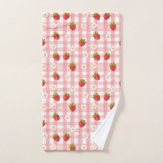 Schattigee aardbeien en bloemen op een roze gingha bad handdoek (Handdoek)