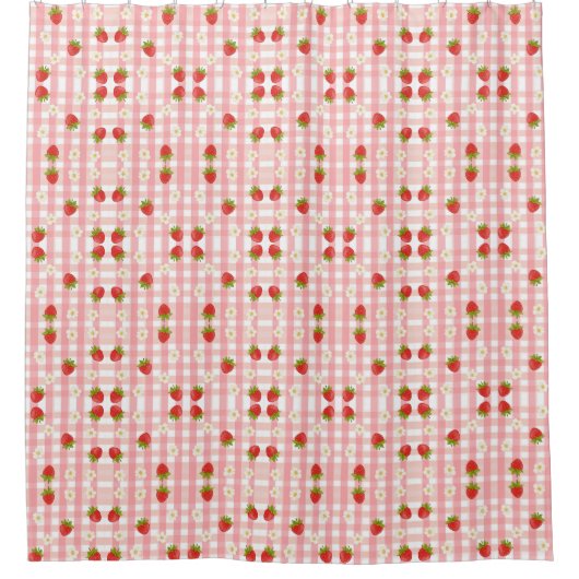 Schattigee aardbeien en bloemen op een roze gingha douchegordijn (Voorkant)