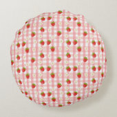 Schattigee aardbeien en bloemen op een roze gingha rond kussen (Achterkant)