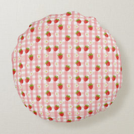 Schattigee aardbeien en bloemen op een roze gingha rond kussen