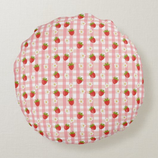 Schattigee aardbeien en bloemen op een roze gingha rond kussen (Achterkant)