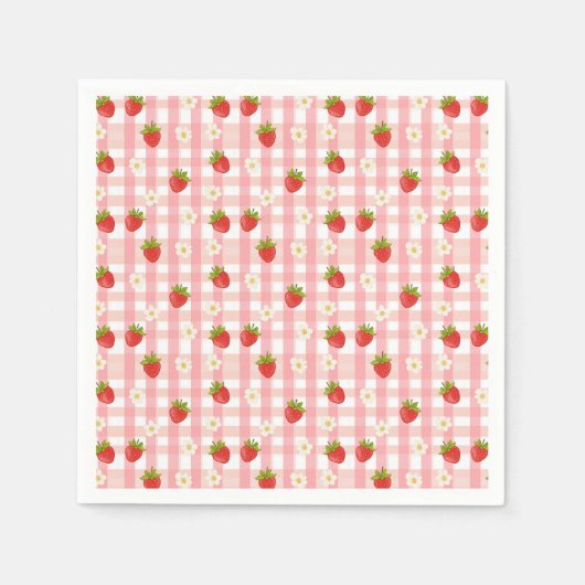 Schattigee aardbeien en bloemen op een roze gingha servet (Voorkant)
