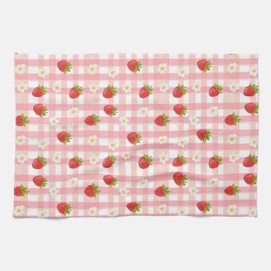 Schattigee aardbeien en bloemen op een roze gingha theedoek (Horizontaal)