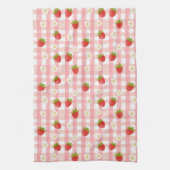 Schattigee aardbeien en bloemen op een roze gingha theedoek (Verticaal)