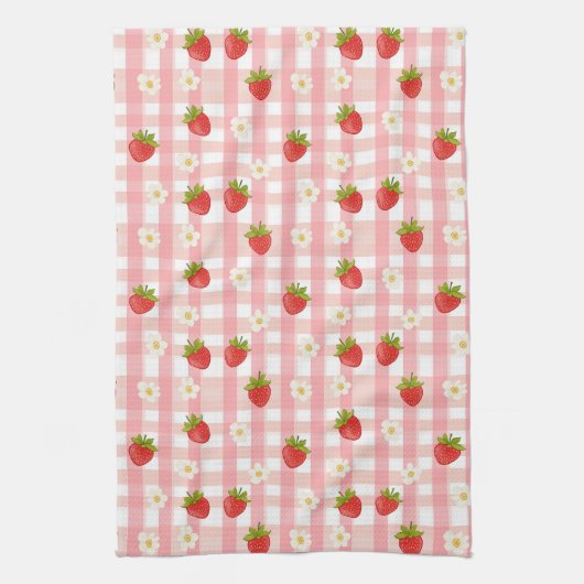 Schattigee aardbeien en bloemen op een roze gingha theedoek (Verticaal)