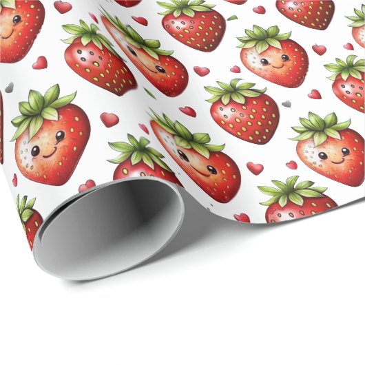 Schattigee aardbeien karakter en harten verjaardag cadeaupapier (Rol Hoek)
