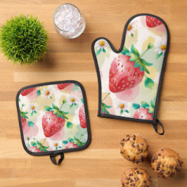 Schattigee aardbeien regenboog verjaardagsfeestje ovenwant & pannenlap set