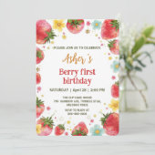 Schattigee aardbeien regenboogpatroon 1e verjaarda kaart (Staand voorkant)