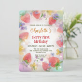 Schattigee aardbeien regenboogpatroon 1e verjaarda kaart (Staand voorkant)