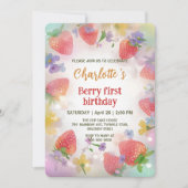 Schattigee aardbeien regenboogpatroon 1e verjaarda kaart (Voorkant)