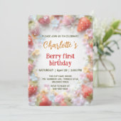 Schattigee aardbeien regenboogpatroon 1e verjaarda kaart (Staand voorkant)