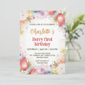 Schattigee aardbeien regenboogpatroon 1e verjaarda kaart (Staand voorkant)
