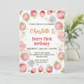 Schattigee aardbeien regenboogpatroon 1e verjaarda kaart (Staand voorkant)