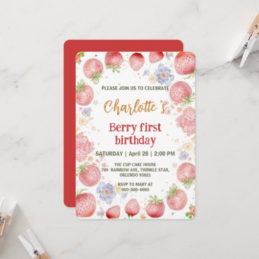 Schattigee aardbeien regenboogpatroon 1e verjaarda kaart (Voorkant / Achterkant in situ)