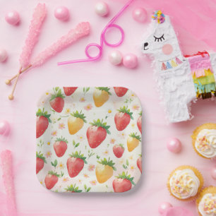 Schattigee aardbeien regenboogpatroon verjaardagsf papieren bordje