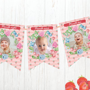 Schattigee aardbeienbes Eerste 1e Verjaardag 12 Fo Vlaggetjes