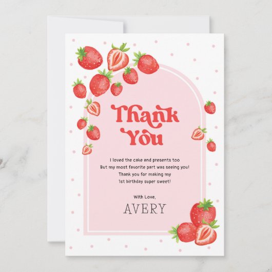 Schattigee aardbeienbes Eerste 1e Verjaardag Bedankkaart (Voorkant)