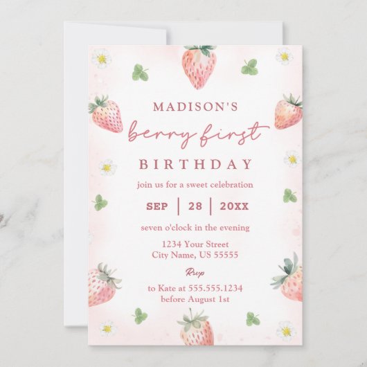 Schattigee aardbeienbes Eerste 1e Verjaardag Kaart (Voorkant)