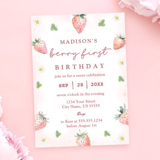 Schattigee aardbeienbes Eerste 1e Verjaardag Kaart