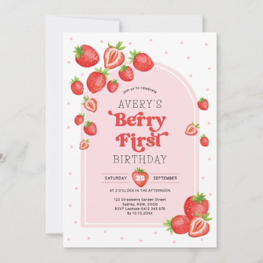 Schattigee aardbeienbes Eerste 1e Verjaardag Kaart (Voorkant)
