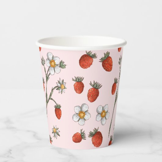 Schattigee aardbeienbessen eerste verjaardagsfeest papieren bekers (Achterkant)