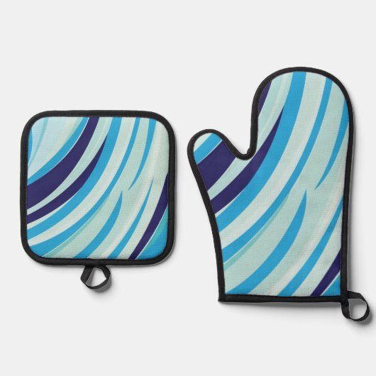 Schattigee Abstracte Blauwe Diagonale Streep Ovenwant & Pannenlap Set (Voorkant)