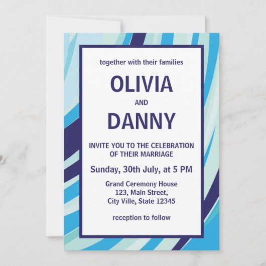 Schattigee Abstracte Blauwe Streep Strand Bruiloft Kaart (Voorkant)