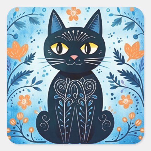 Schattigee Abstracte zwarte kat in Herfst Tones Vierkante Sticker (Voorkant)