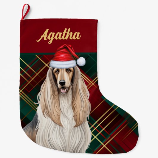 Schattigee Afghaanse Hound Dog Holiday Plaid Geper Grote Kerstsok (Voorkant)