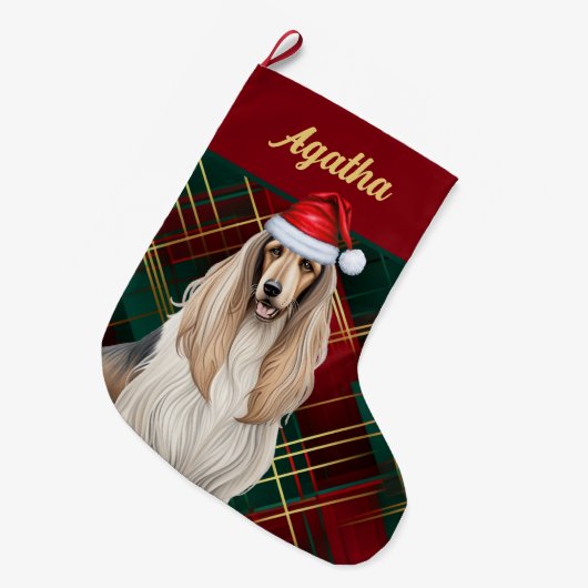 Schattigee Afghaanse Hound Dog Holiday Plaid Geper Grote Kerstsok (Voorkant (Hangend))