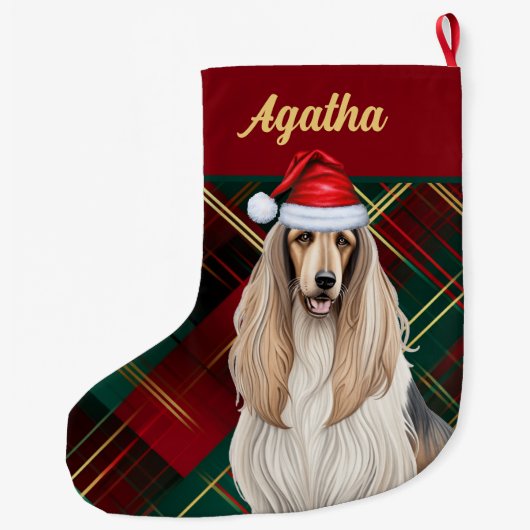 Schattigee Afghaanse Hound Dog Holiday Plaid Geper Grote Kerstsok (Achterkant)