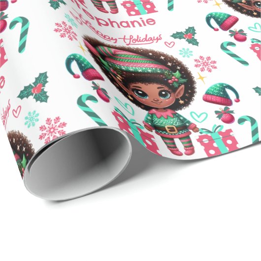 Schattigee Afro-Amerikaanse Elf Meisje Kerstmis Cadeaupapier (Rol Hoek)