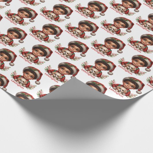 Schattigee Afro-Amerikaanse jongen en puppy kerst Cadeaupapier (Hoek)