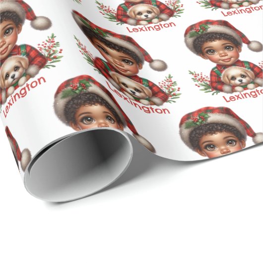 Schattigee Afro-Amerikaanse jongen en puppy kerst Cadeaupapier (Rol Hoek)
