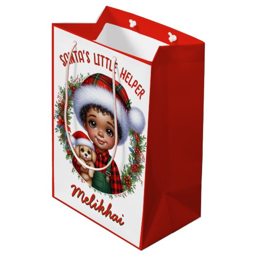 Schattigee Afro-Amerikaanse jongen met puppykerst Medium Cadeauzakje (Achterkant Gekanteld)