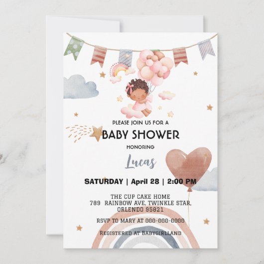 Schattigee Afro Rainbow Star Ballon baby shower Pa Kaart (Voorkant)